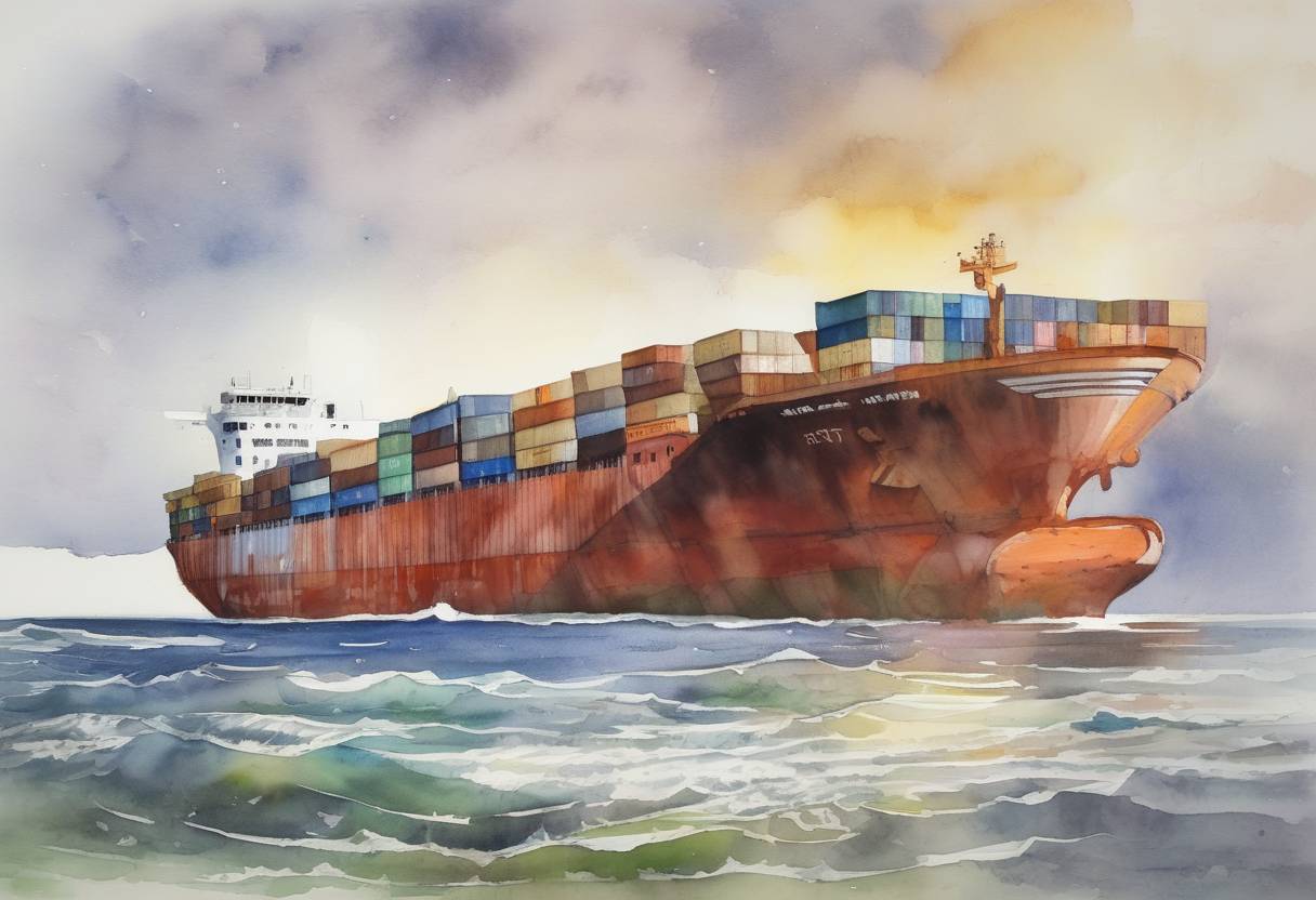 Watercolor painting based depiction of The MV Rena, a container ship that had run aground on the Astrolabe Reef off the coast of New Zealand in October 2011, broke in two, leading to a significant environmental disaster. (2012)