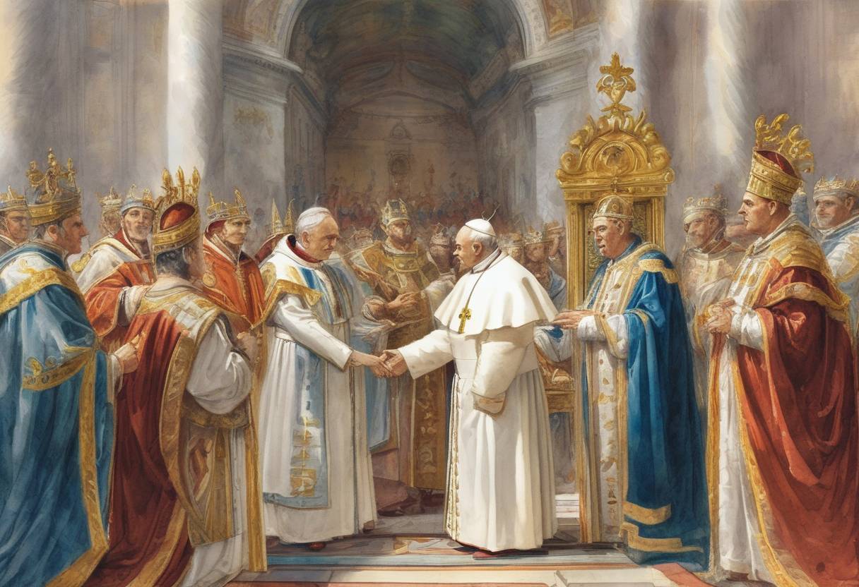 Watercolor painting based depiction of Pope Leo VIII is appointed as pope by Emperor Otto I, marking a significant moment in the history of the papacy and the Holy Roman Empire. (963)