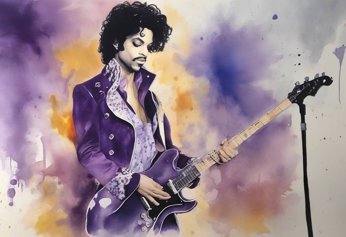 Watercolor painting based depiction of The iconic musician Prince is found dead at his Paisley Park home and recording studio in Minnesota, leading to an outpouring of grief and tributes worldwide. (2016)