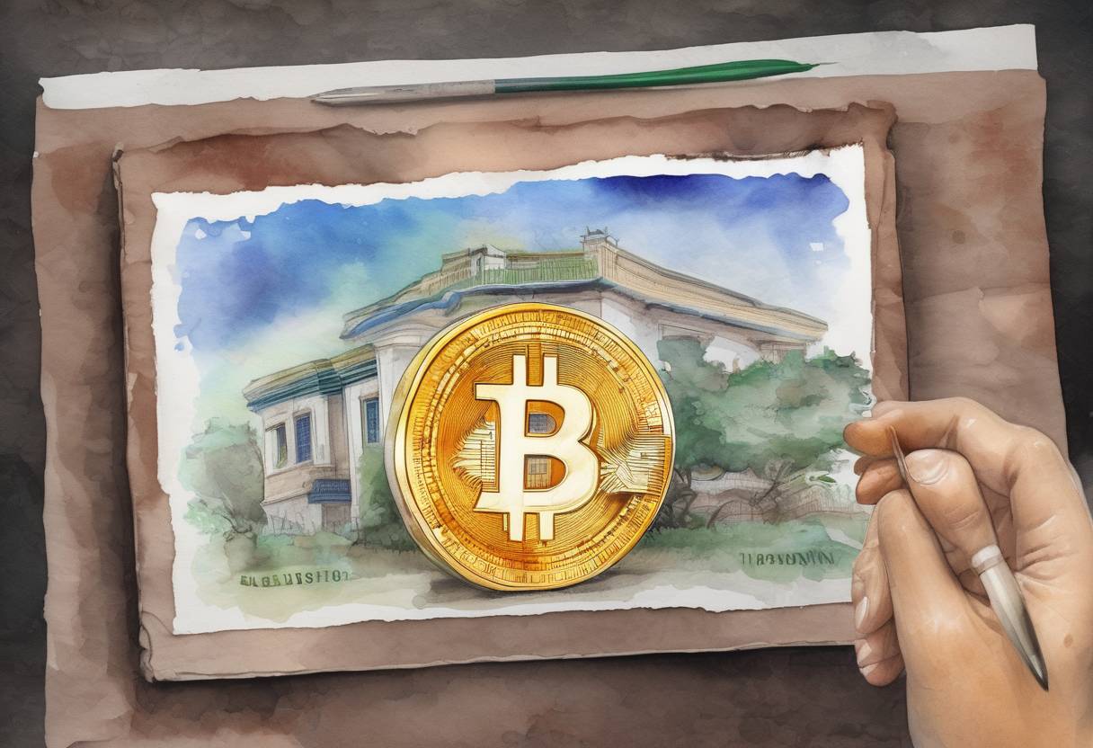 Watercolor painting based depiction of El Salvador becomes the first country in the world to adopt Bitcoin as legal tender, a controversial move that sparks global debate about the future of cryptocurrency. (2021)