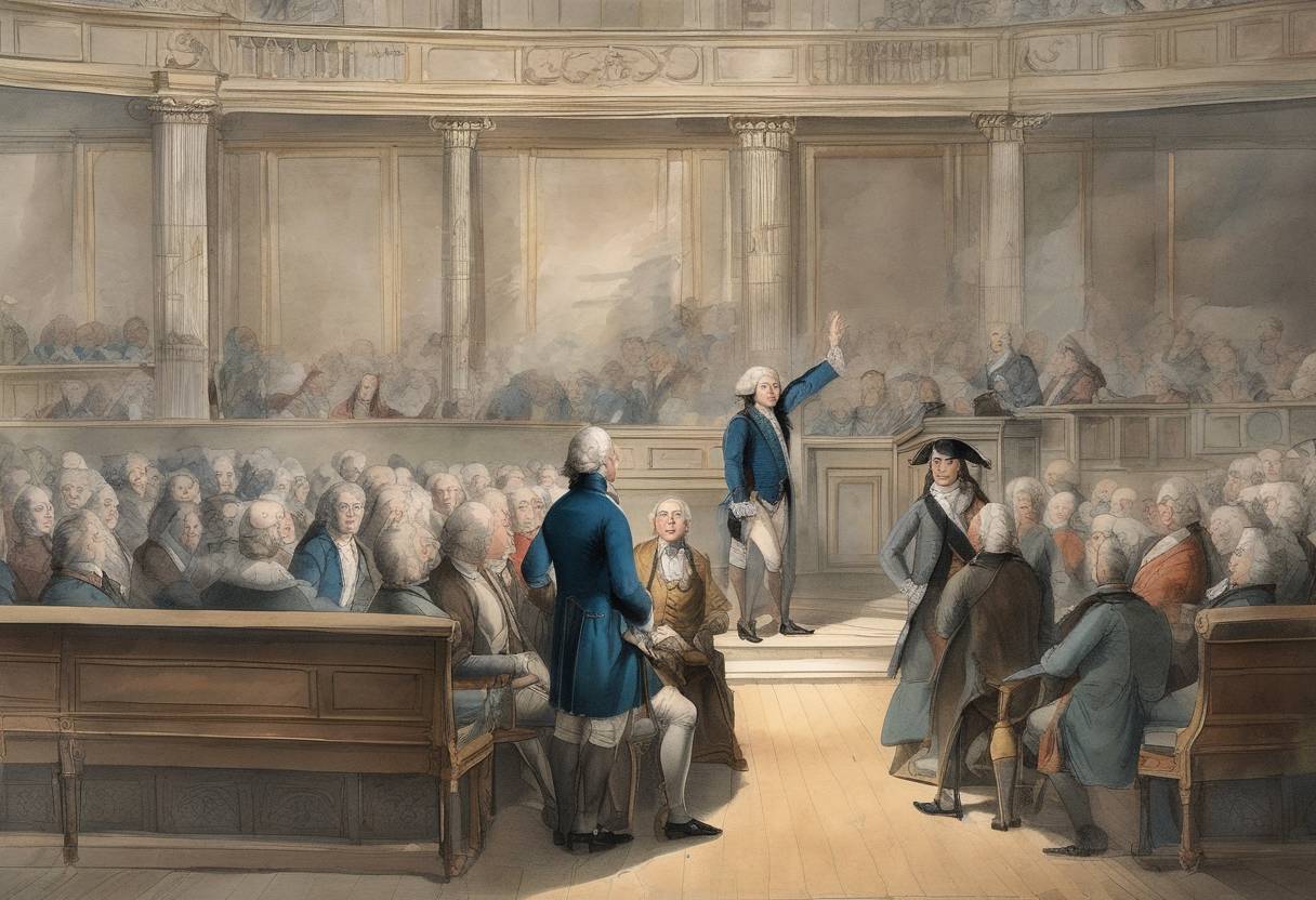 Watercolor painting based depiction of King Louis XVI of France is put on trial for treason by the National Convention during the French Revolution. (1792)