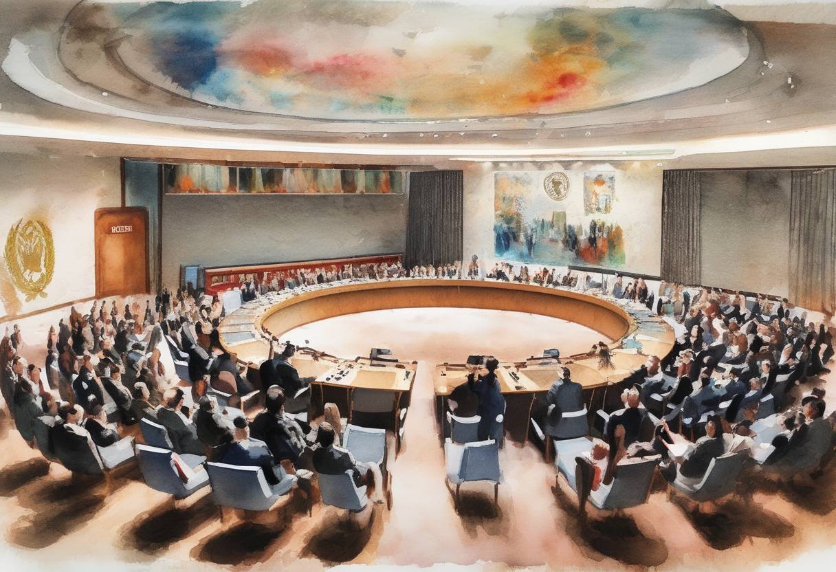Watercolor painting based depiction of The United Nations Security Council adopted Resolution 2397, imposing new sanctions on North Korea in response to its ballistic missile tests. (2017)
