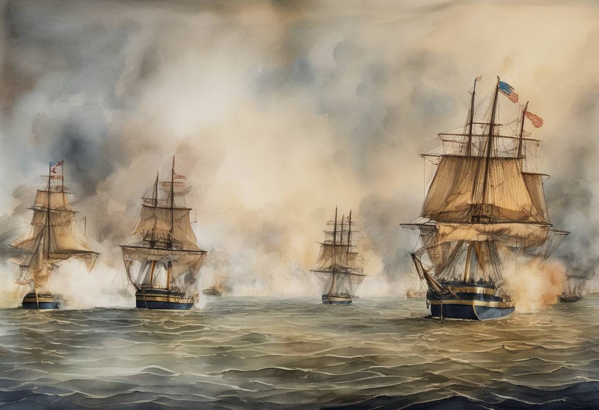 Watercolor painting based depiction of The Battle of Plattsburgh ended in an American victory during the War of 1812, securing the northern border of the United States. (1814)