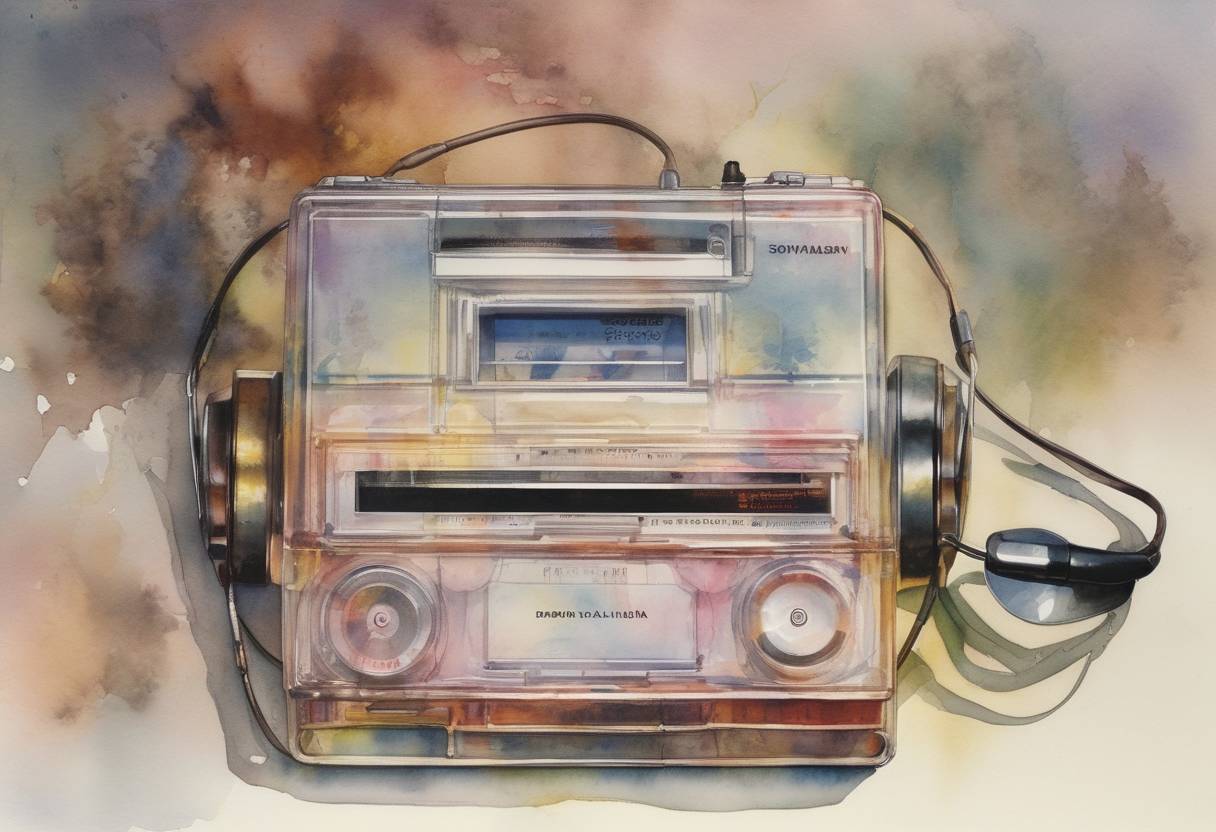 Watercolor painting based depiction of Sony introduces the Walkman, a portable cassette player, revolutionizing personal music listening. (1979)