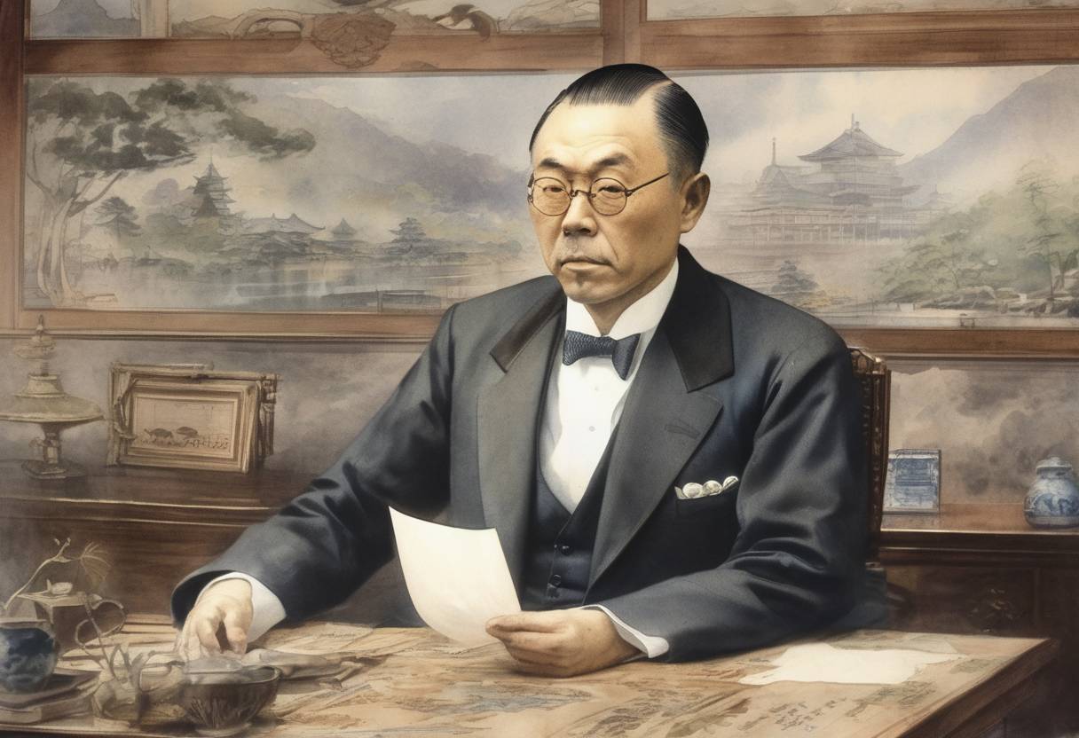 Watercolor painting based depiction of Itō Hirobumi begins his third term as Prime Minister of Japan. (1898)