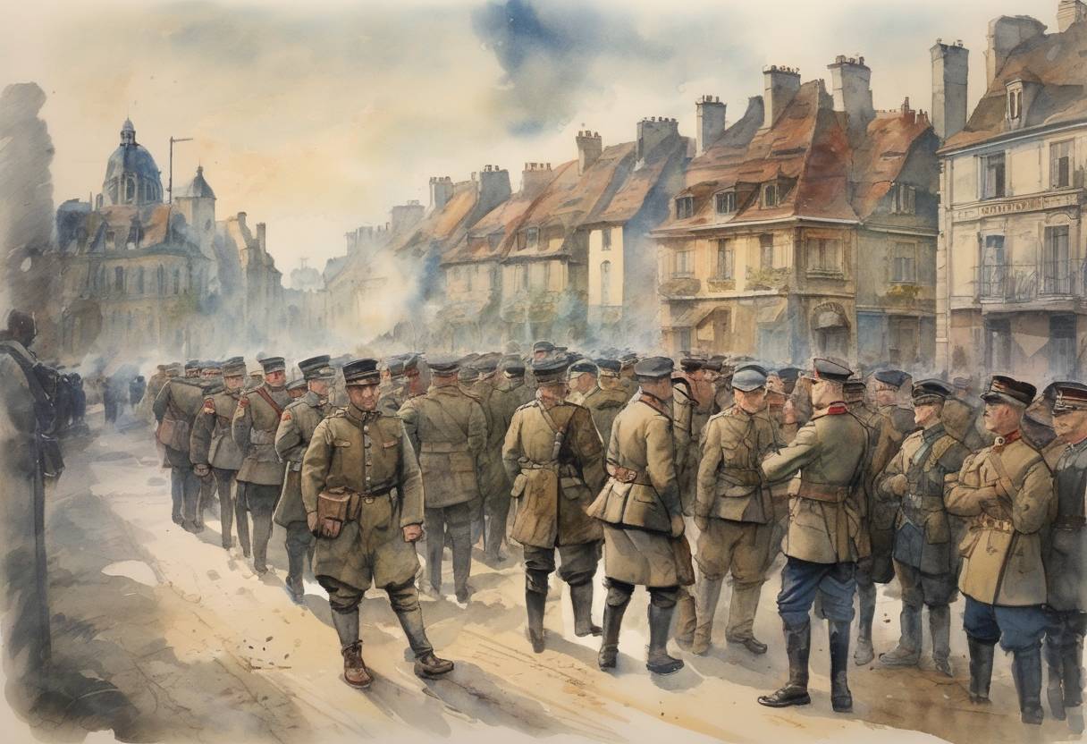 Watercolor painting based depiction of World War I ended with the signing of the Armistice of Compiègne between the Allies and Germany, marking a victory for the Allies and a defeat for Germany. (1918)