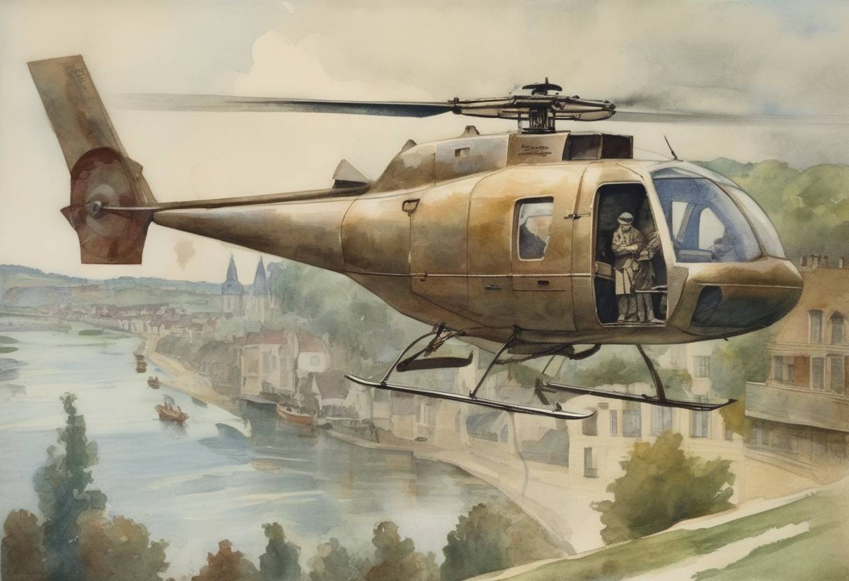 Watercolor painting based depiction of The first helicopter flight is made by Paul Cornu in Lisieux, France. (1907)