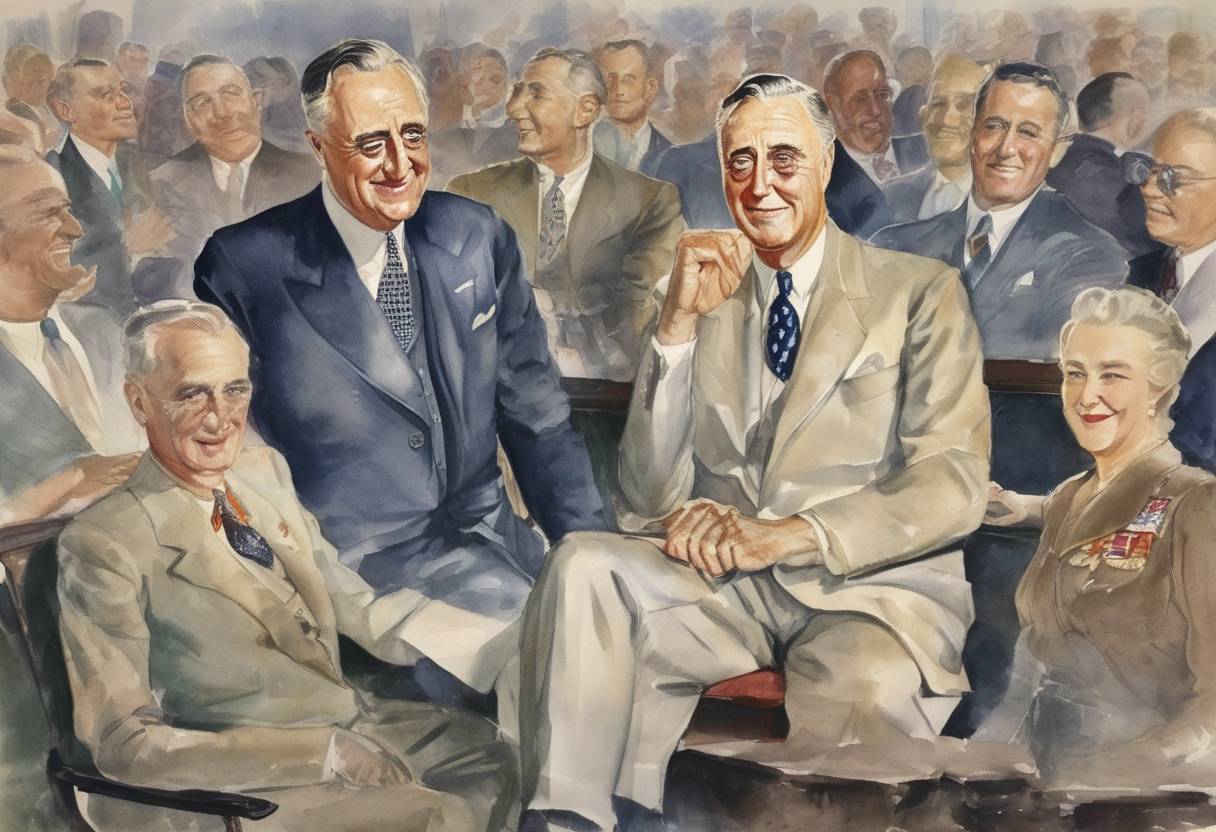 Watercolor painting based depiction of Franklin D. Roosevelt was elected to a fourth term as President of the United States, the only U.S. president to serve more than two terms. (1944)