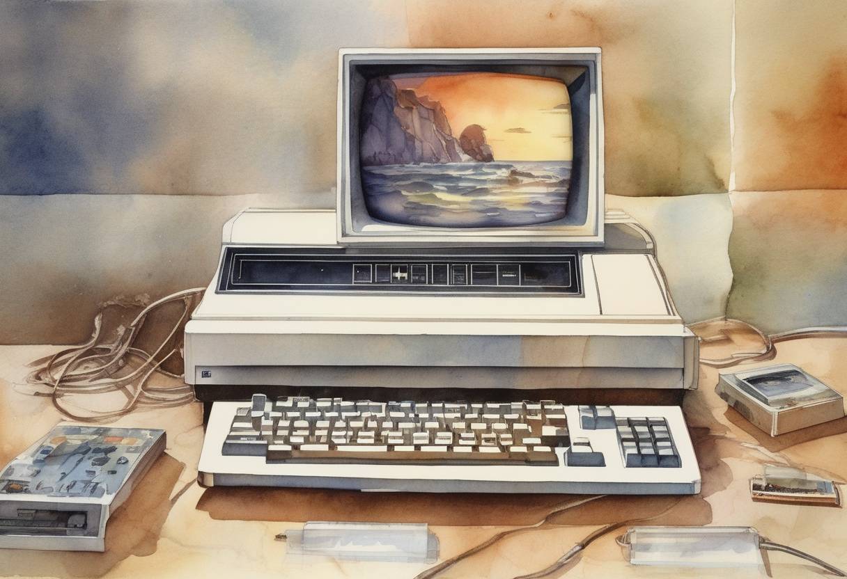 Watercolor painting based depiction of The first practical personal computer, the Apple II, went on sale, marking a significant moment in the personal computing revolution. (1977)