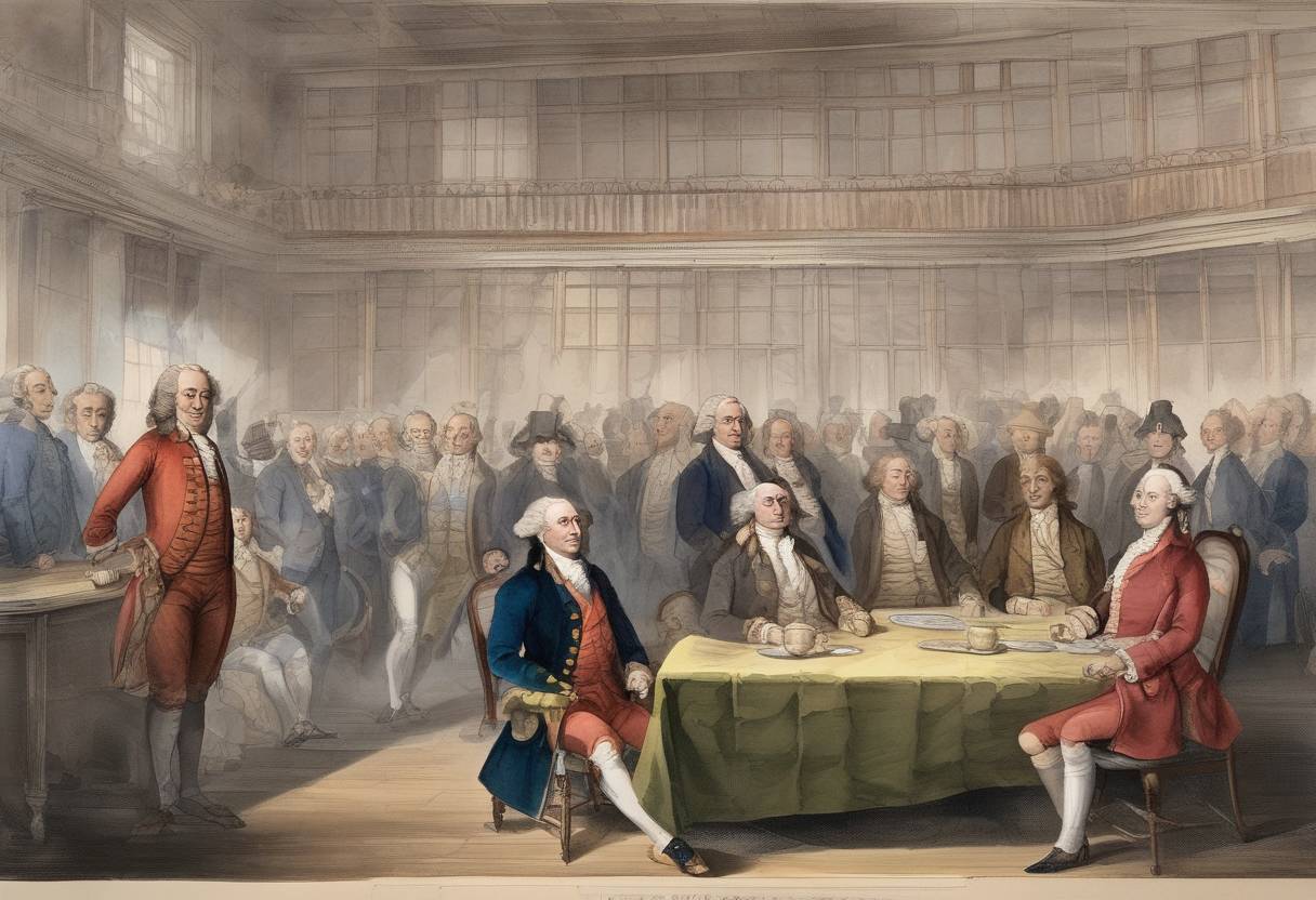 Watercolor painting based depiction of The British Parliament passed the Tea Act, which would lead to the Boston Tea Party and escalate tensions between Britain and the American colonies. (1773)