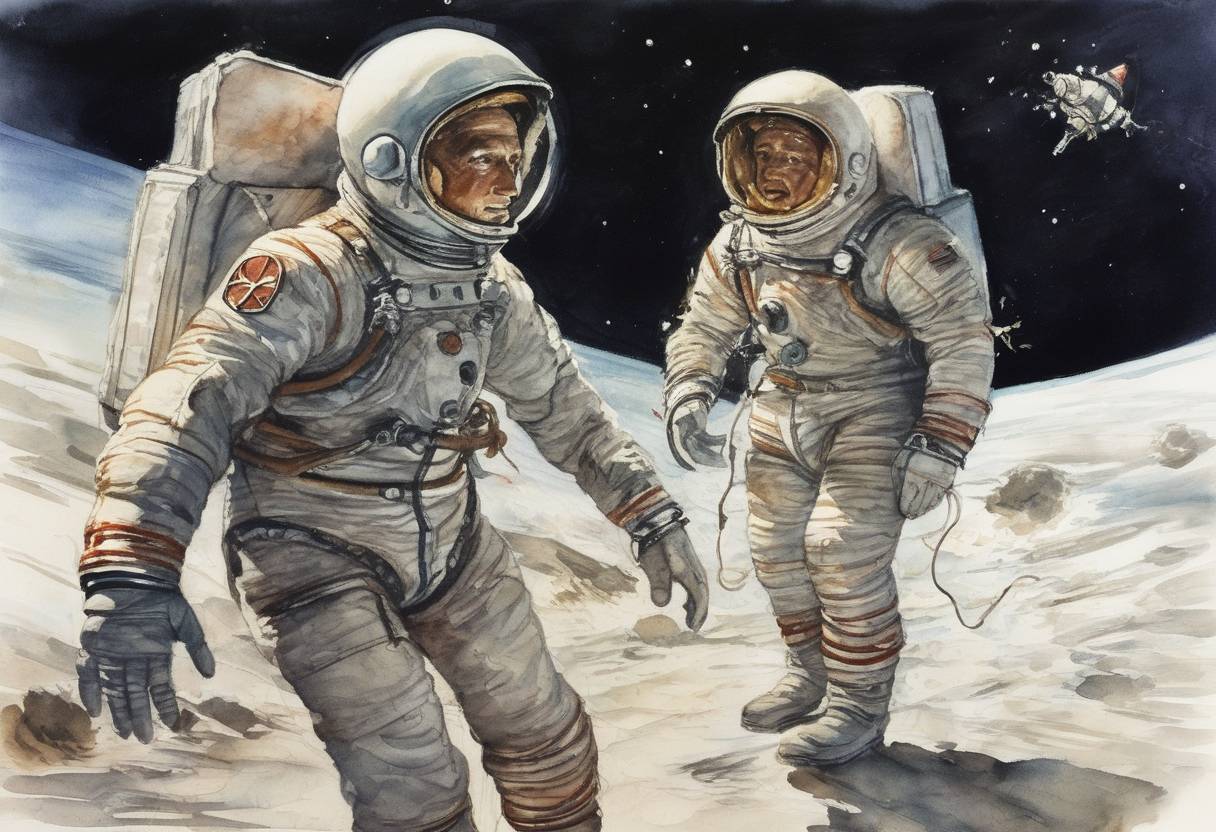 Watercolor painting based depiction of Soviet cosmonaut Alexei Leonov became the first person to conduct a spacewalk, exiting the spacecraft Voskhod 2 for 12 minutes. This achievement marked a significant milestone in human space exploration. (1965)