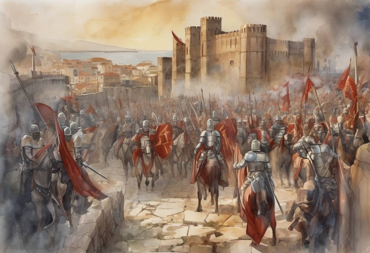 Watercolor painting based depiction of The Siege of Nicaea ends as the city surrenders to the Crusaders during the First Crusade. (1097)