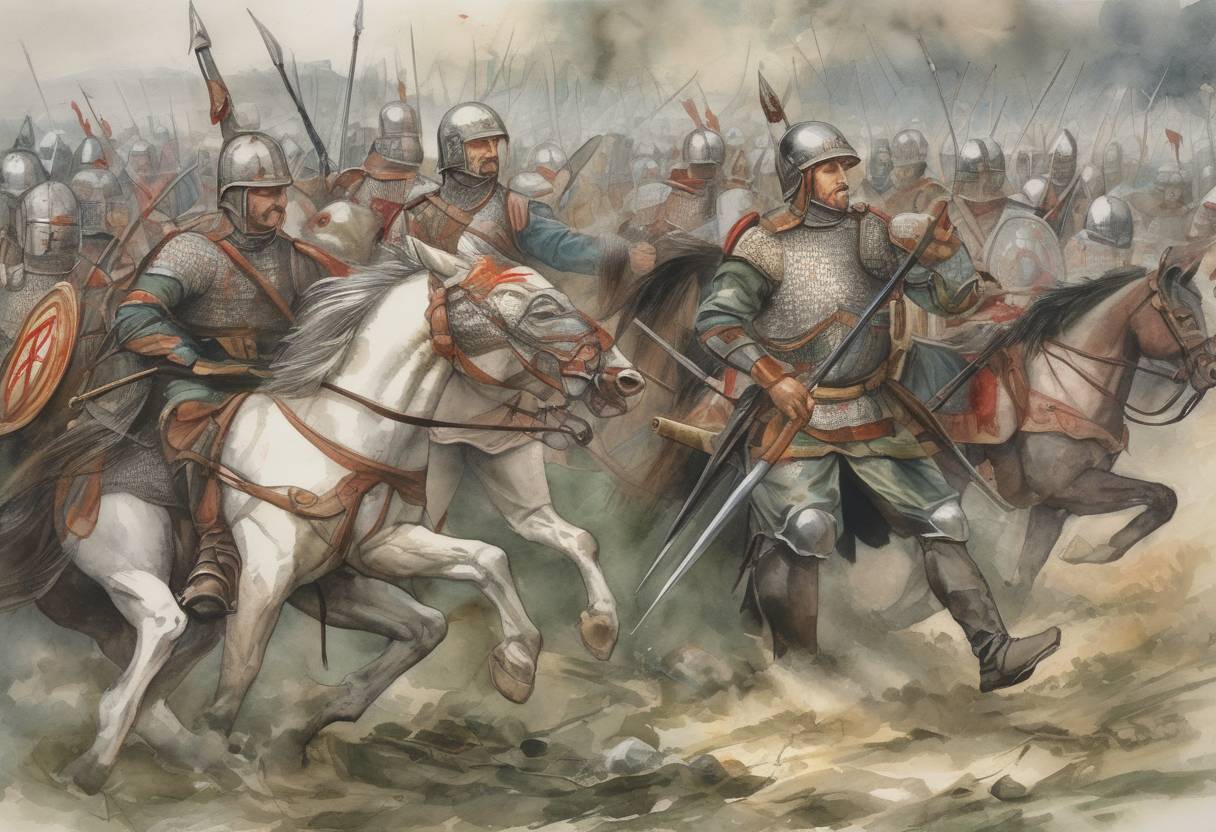 Watercolor painting based depiction of The Battle of Pressburg begins, marking a significant conflict between the Frankish Empire and the Hungarian forces. (907)