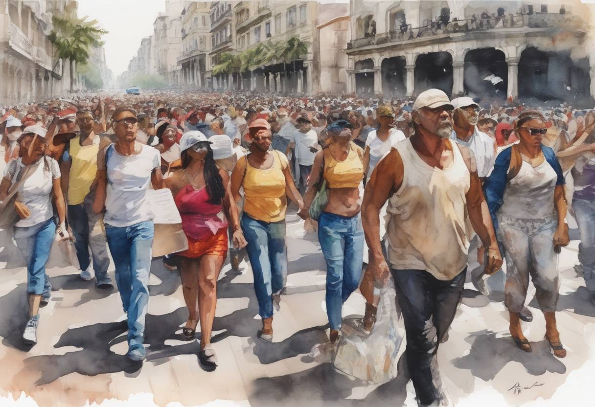 Watercolor painting based depiction of Protests erupted across Cuba as thousands of people took to the streets to demonstrate against the government, driven by economic hardship, food shortages, and the government's handling of the COVID-19 pandemic. (2021)