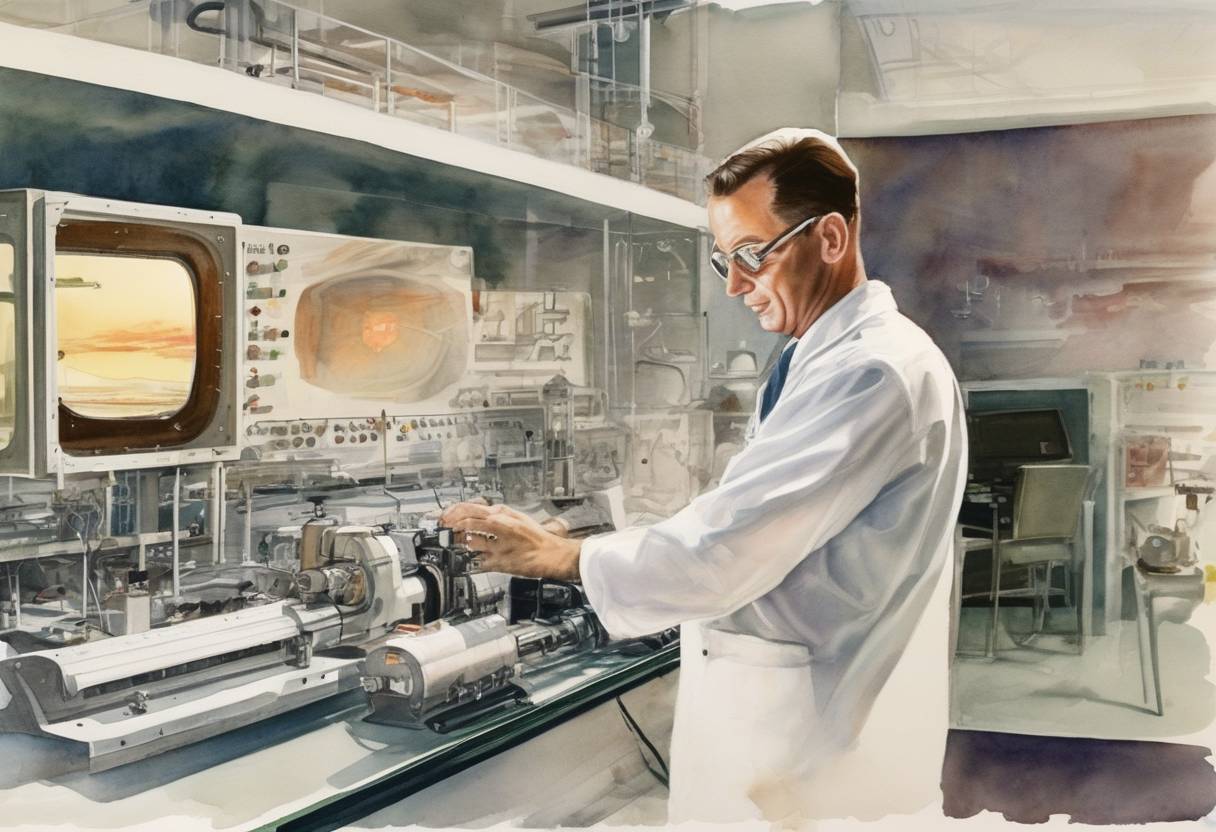 Watercolor painting based depiction of Theodore Maiman operates the first laser at Hughes Research Laboratories in Malibu, California. (1960)