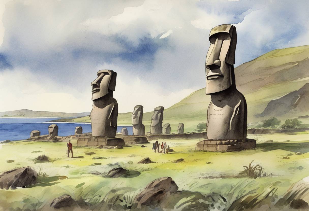 Watercolor painting based depiction of Dutch explorer Jacob Roggeveen discovered Easter Island, known for its monumental statues called moai. (1722)