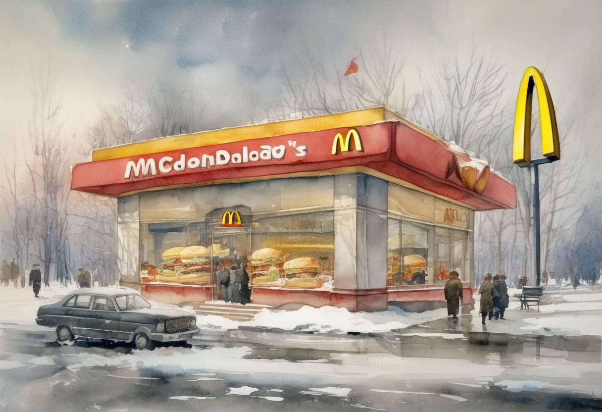 Watercolor painting based depiction of The first McDonald's in the Soviet Union opens in Moscow, symbolizing the thawing of Cold War tensions. (1990)