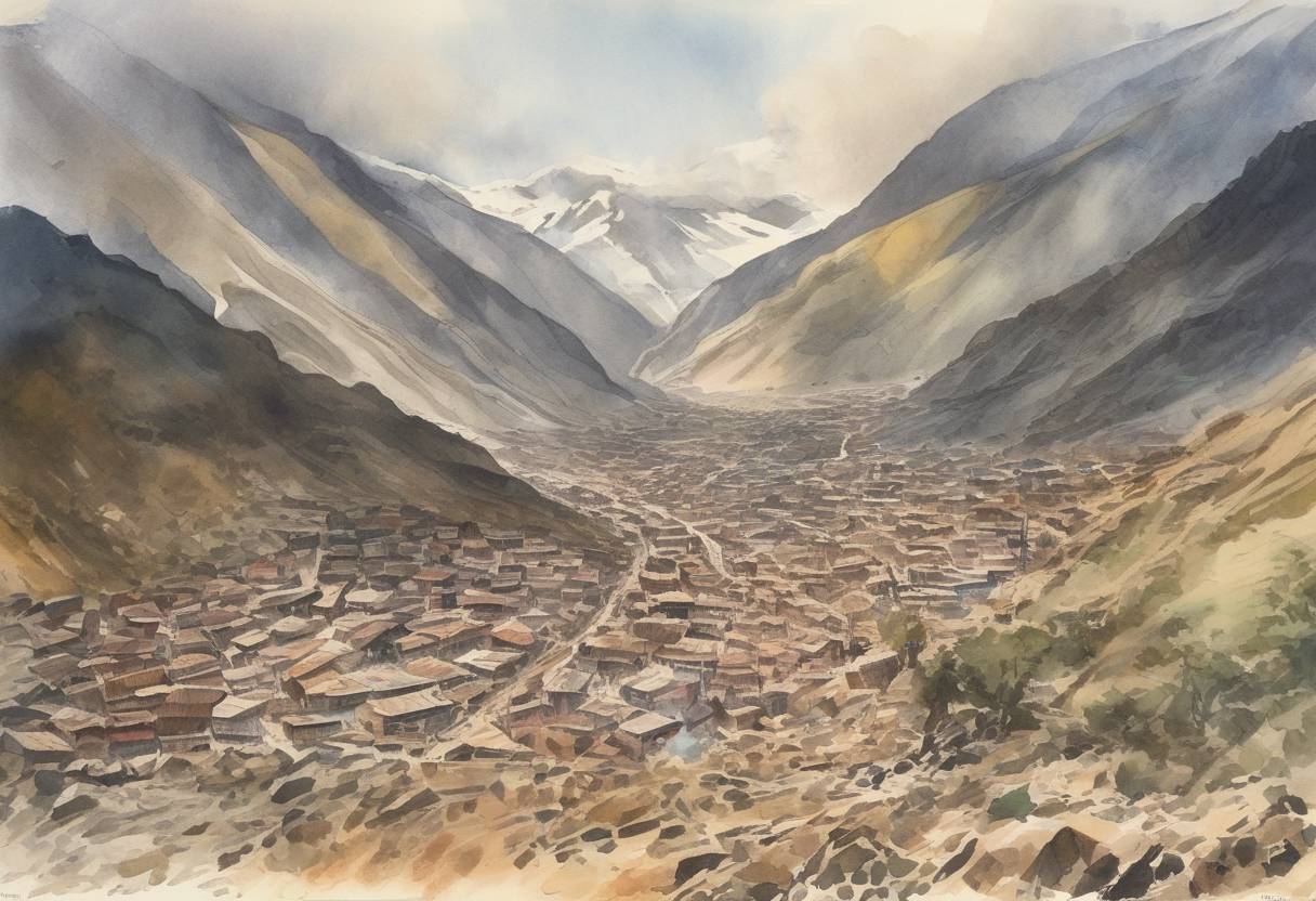 Watercolor painting based depiction of The 7.9 magnitude Ancash earthquake struck off the coast of Peru, triggering a massive landslide that buried the town of Yungay and killed an estimated 70,000 people. (1970)