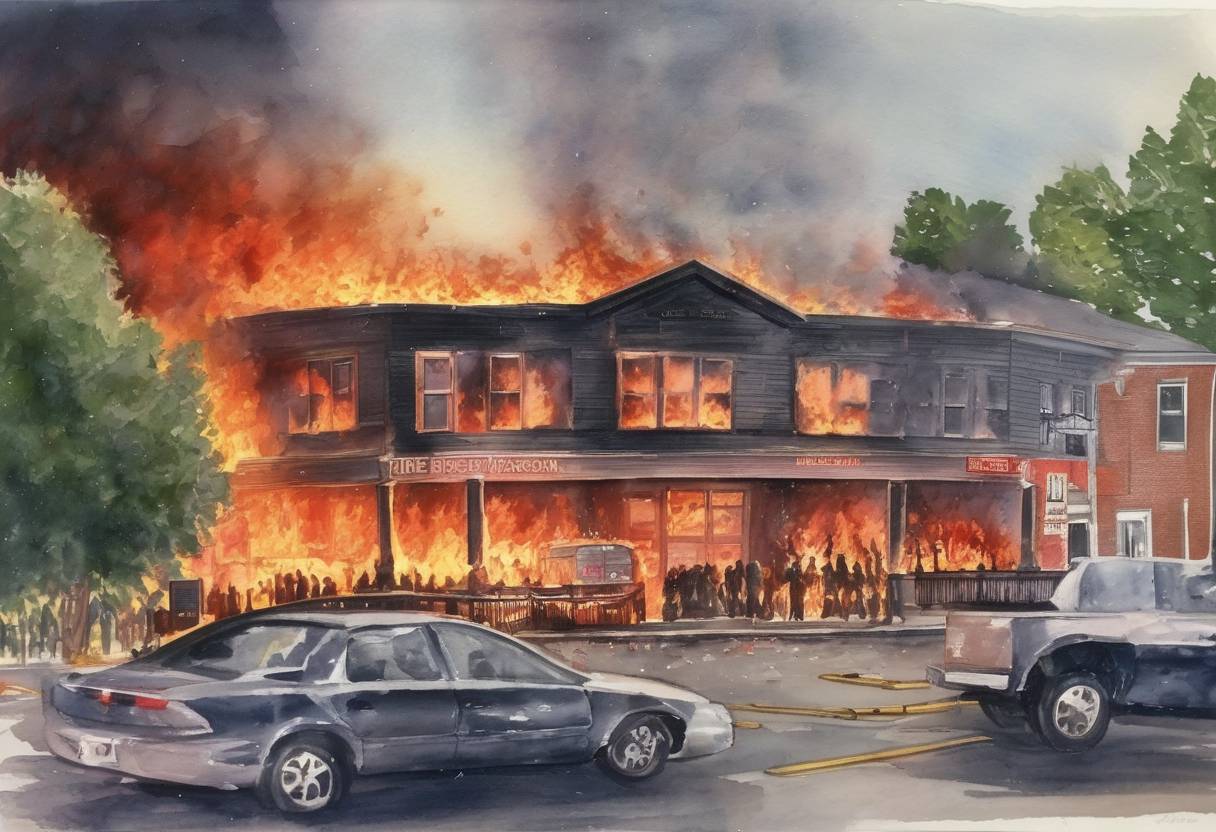 Watercolor painting based depiction of A fire at The Station nightclub in West Warwick, Rhode Island, killed 100 people and injured more than 200 others. The fire was caused by pyrotechnics set off by the tour manager of the band Great White, igniting flammable soundproofing foam in the walls and ceiling surrounding the stage. (2003)