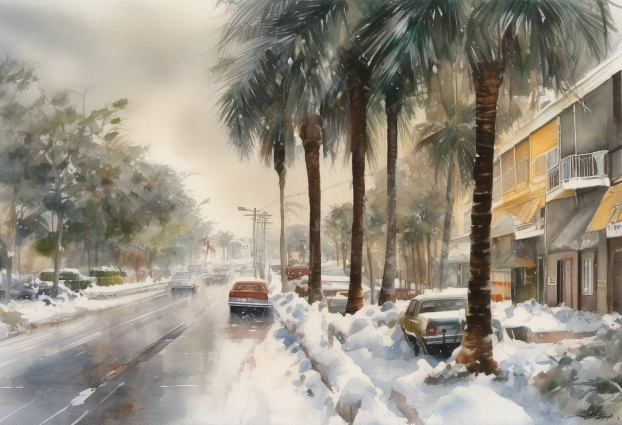 Watercolor painting based depiction of Snow fell in Miami, Florida, for the only time in recorded history. (1977)
