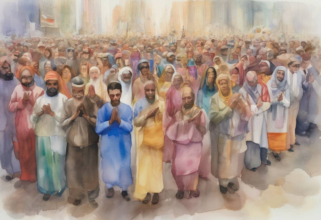 Watercolor painting based depiction of The International Day of Human Fraternity was observed for the first time, following a United Nations resolution to promote cultural and religious tolerance. (2012)