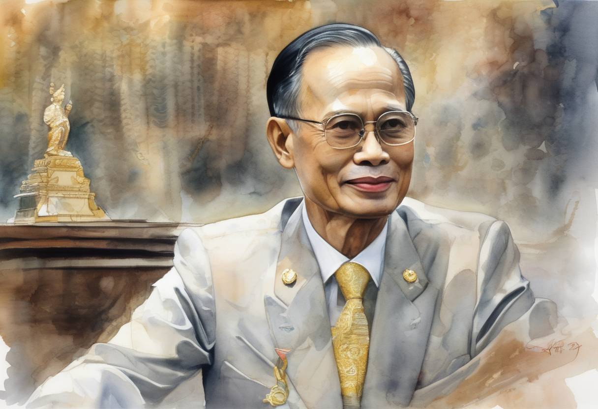 Watercolor painting based depiction of Thailand's King Bhumibol Adulyadej signed a new constitution, marking a significant step towards democratic reform in the country. (1992)