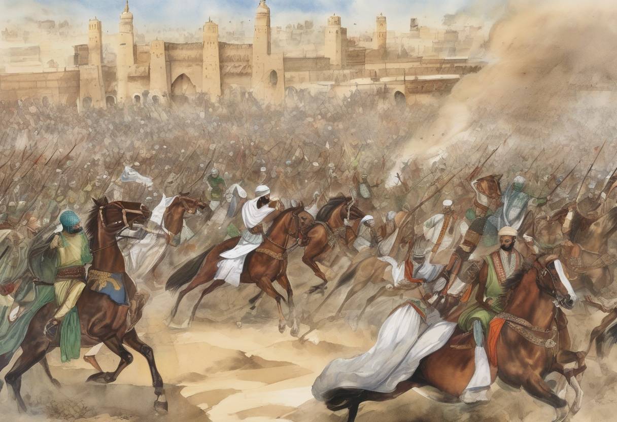Watercolor painting based depiction of The Battle of Badr, a key battle in early Islamic history, took place. It was the first major battle between the Muslims of Medina, led by the Prophet Muhammad, and the Quraysh of Mecca. The Muslim victory was significant in establishing Islam's presence in the Arabian Peninsula. (624)