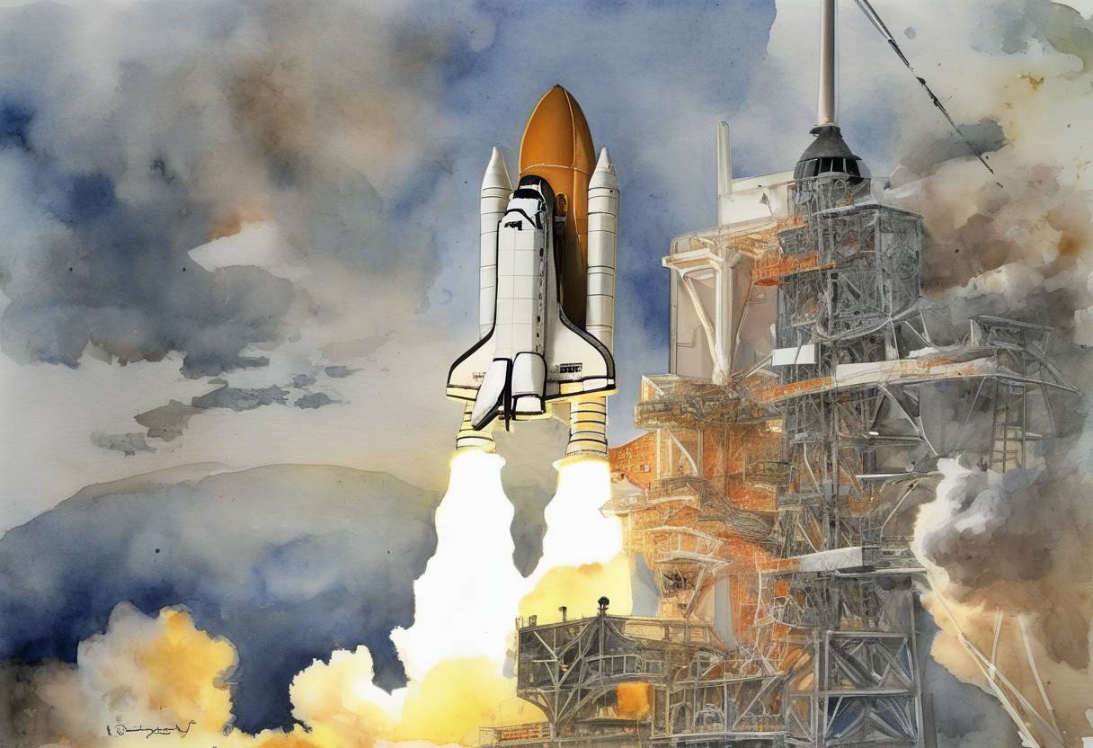 Watercolor painting based depiction of The Space Shuttle Discovery was launched on mission STS-114, marking NASA's first return to flight since the Columbia disaster in 2003. (2005)