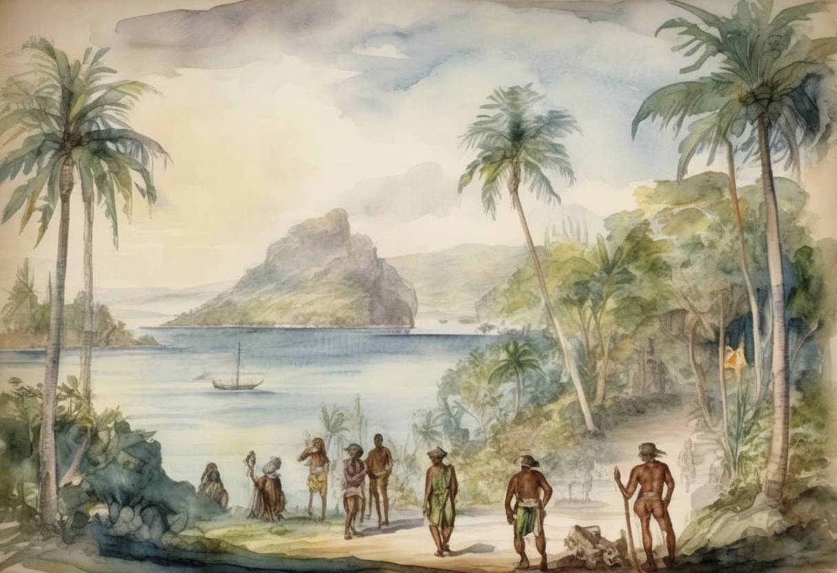 Watercolor painting based depiction of Christopher Columbus discovered the island of Jamaica during his second voyage to the Americas. (1494)