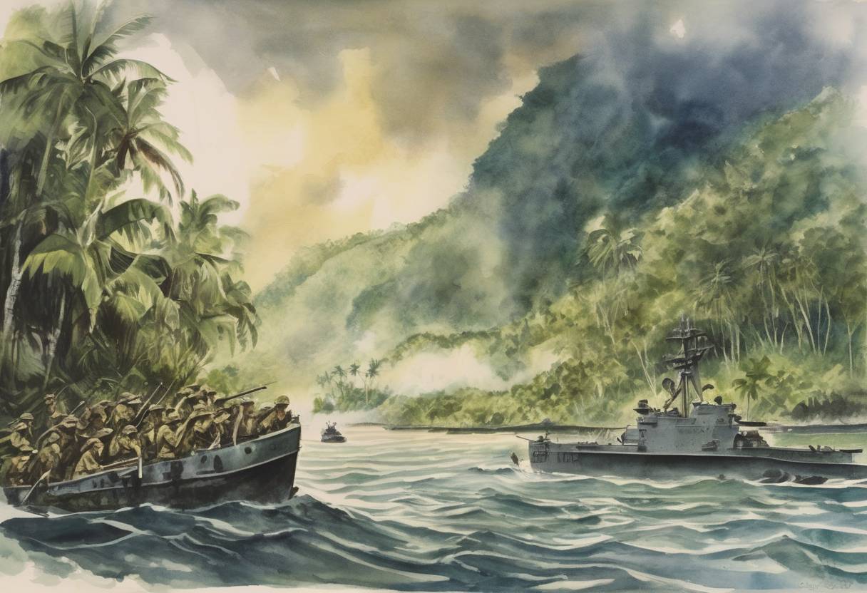 Watercolor painting based depiction of The Battle of Guadalcanal ended with an Allied victory, marking a significant turning point in the Pacific Theater of World War II. (1943)