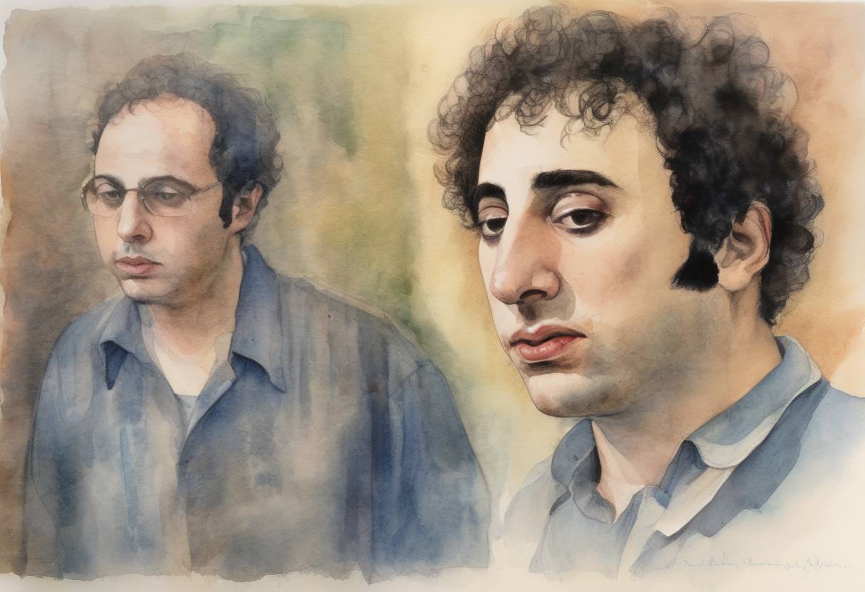 Watercolor painting based depiction of David Berkowitz, known as the 'Son of Sam', was arrested in New York City after a series of shootings. (1977)