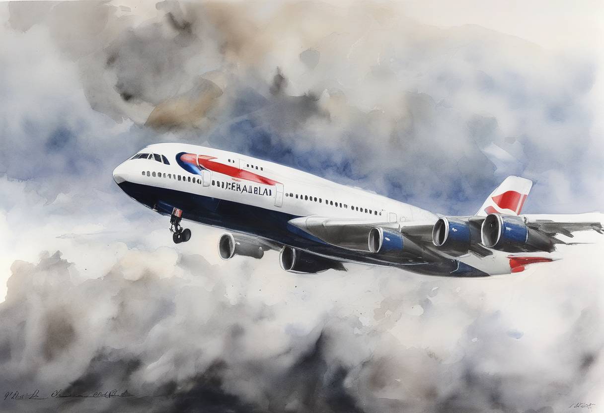 Watercolor painting based depiction of A British Airways flight from Amsterdam to London was disrupted by a volcanic ash cloud from the Eyjafjallajökull eruption in Iceland, causing widespread air travel chaos across Europe. (2010)