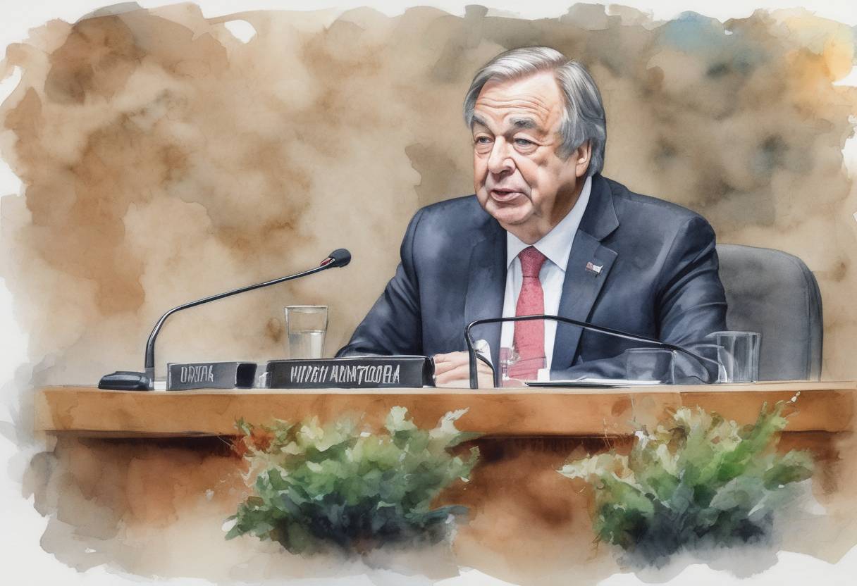 Watercolor painting based depiction of The United Nations General Assembly elected António Guterres as the Secretary-General for a second term, beginning on January 1, 2017. Guterres, a former Prime Minister of Portugal, was the ninth Secretary-General of the UN. (2017)