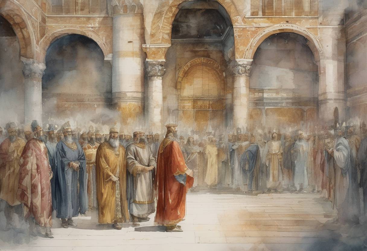 Watercolor painting based depiction of Flavius Anastasius I becomes Byzantine Emperor after the death of Zeno. (491)