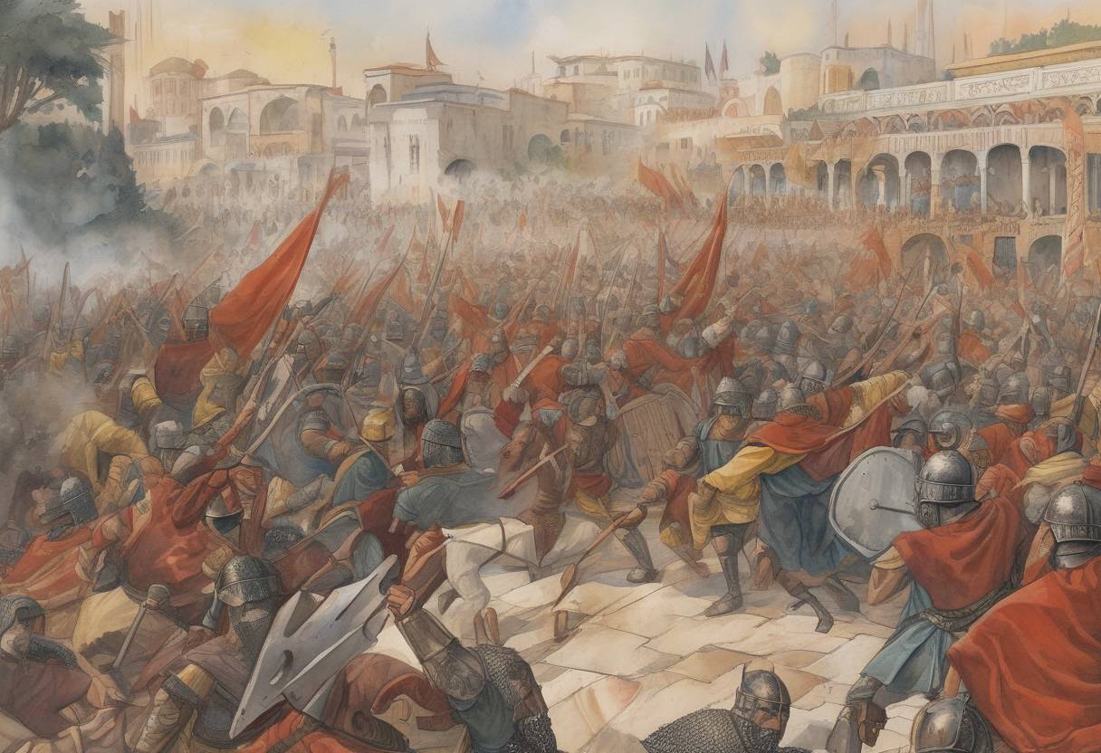 Watercolor painting based depiction of The Nika riots began in Constantinople, the capital of the Byzantine Empire. These were violent riots that took place over the course of a week and were sparked by political and social tensions, as well as dissatisfaction with the rule of Emperor Justinian I. (532)