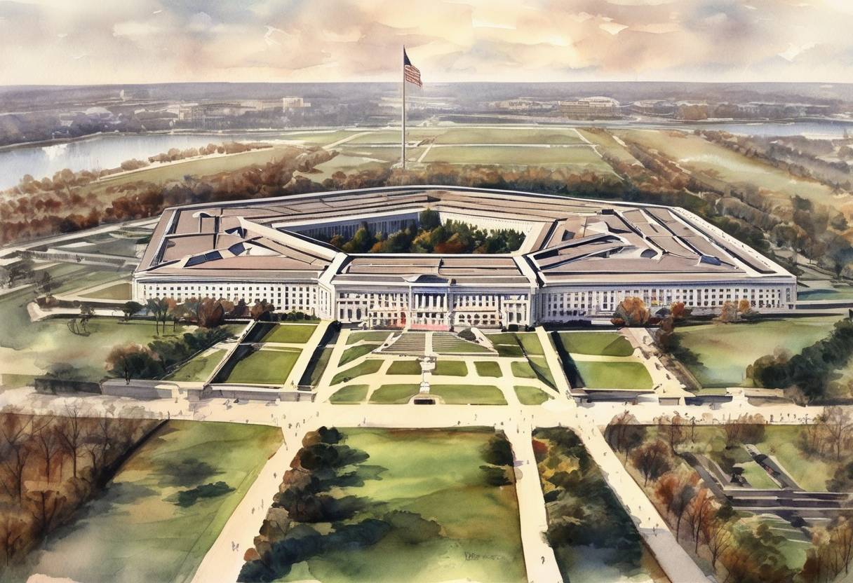 Watercolor painting based depiction of The Pentagon, headquarters of the United States Department of Defense, was dedicated. (1943)