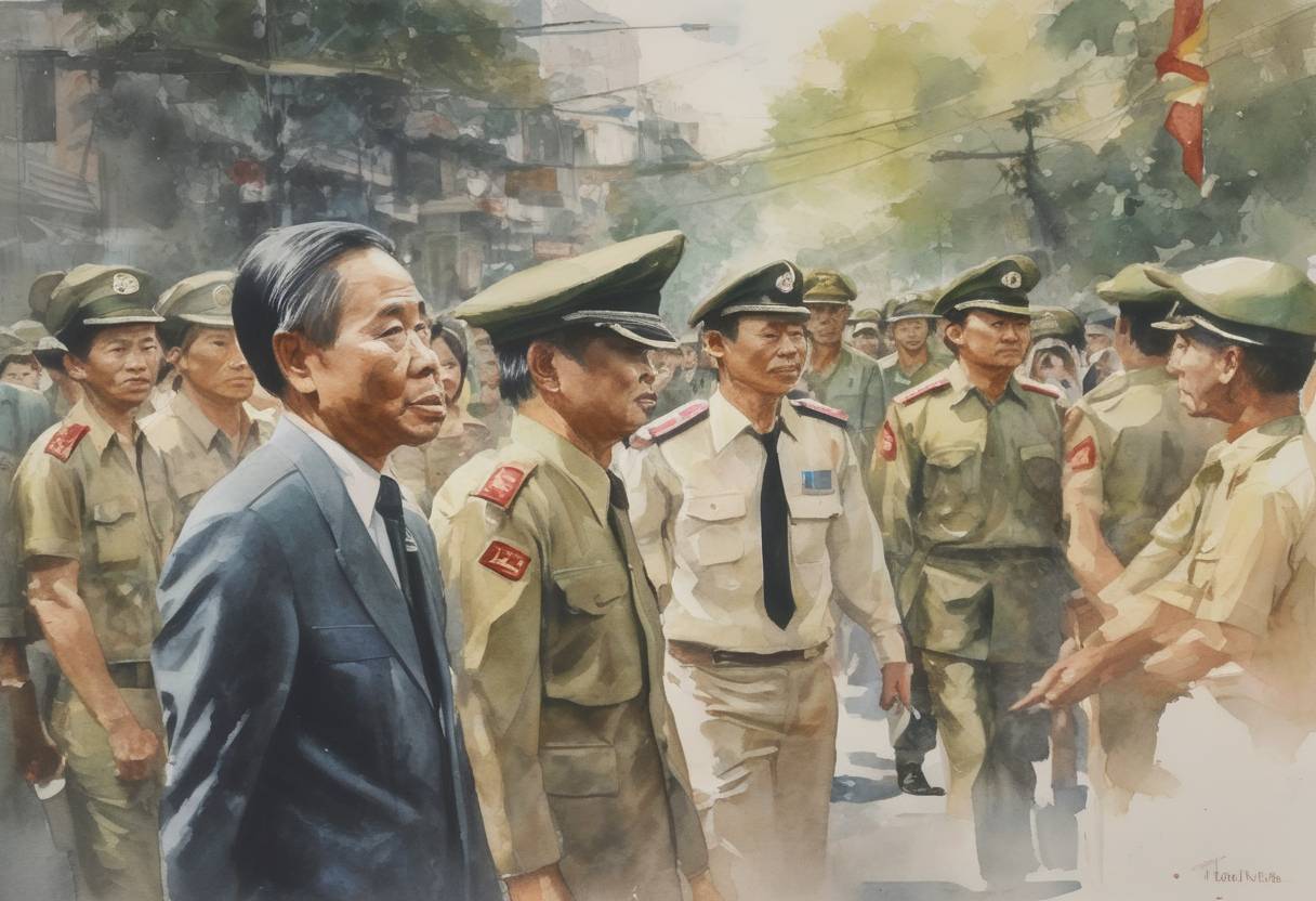 Watercolor painting based depiction of South Vietnamese President Nguyễn Văn Thiệu resigned amid the fall of Saigon during the Vietnam War. (1975)