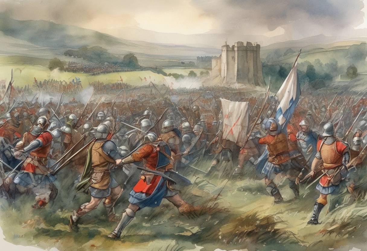 Watercolor painting based depiction of The Battle of Falkirk took place during the First War of Scottish Independence, where the English army led by King Edward I defeated the Scots led by William Wallace. (1298)