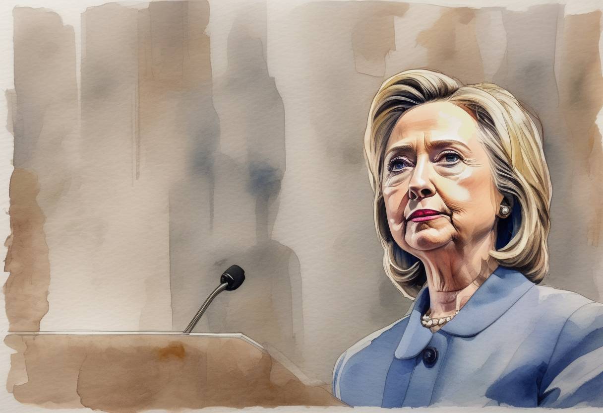Watercolor painting based depiction of The FBI announced that it would not recommend criminal charges against Hillary Clinton over her use of a private email server while she was Secretary of State, though it criticized her handling of classified information. (2016)