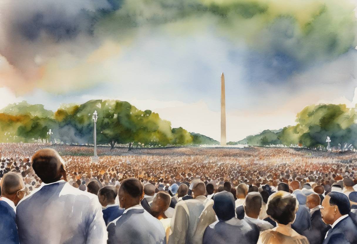 Watercolor painting based depiction of The United States commemorates the 50th anniversary of the 'I Have a Dream' speech by Martin Luther King Jr. during the 1963 March on Washington for Jobs and Freedom. President Barack Obama spoke on the steps of the Lincoln Memorial, emphasizing the progress made and the work that still needed to be done to achieve racial equality. (2013)