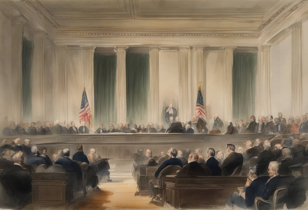 Watercolor painting based depiction of The impeachment trial of U.S. Federal Judge James H. Peck begins. It follows accusations of oppressive and arbitrary conduct. (1832)