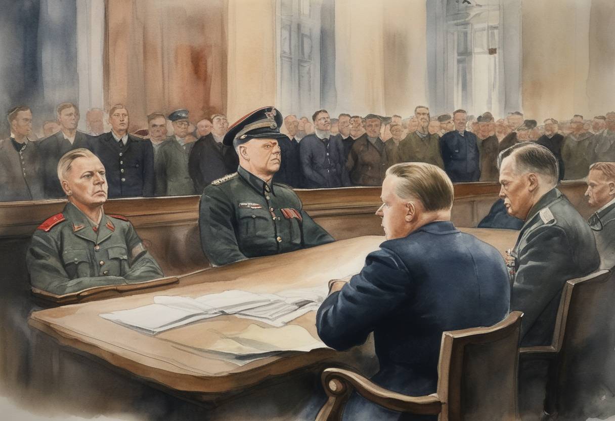 Watercolor painting based depiction of Vidkun Quisling, the leader of Norway's collaborationist government during World War II, is sentenced to death after being found guilty of treason against Norway. His name has since become synonymous with traitor. (1945)