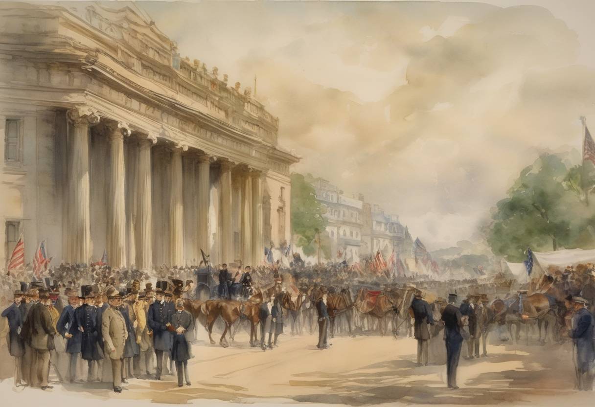 Watercolor painting based depiction of The Treaties of Paris and Washington of 1898 were ratified, formally ending the Spanish-American War with the cession of Puerto Rico, Guam, and the Philippines to the United States. (1899)