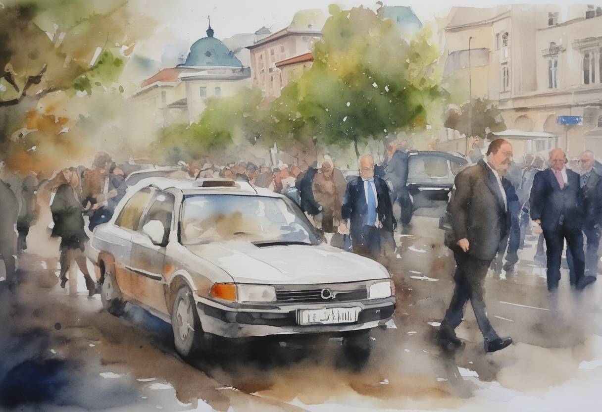 Watercolor painting based depiction of In the Czech Republic, Prime Minister Andrej Babiš is named in the Pandora Papers leak, revealing details of undisclosed wealth and offshore financial dealings. The leak includes numerous public figures and prompts discussions on tax shelters and transparency. (2021)
