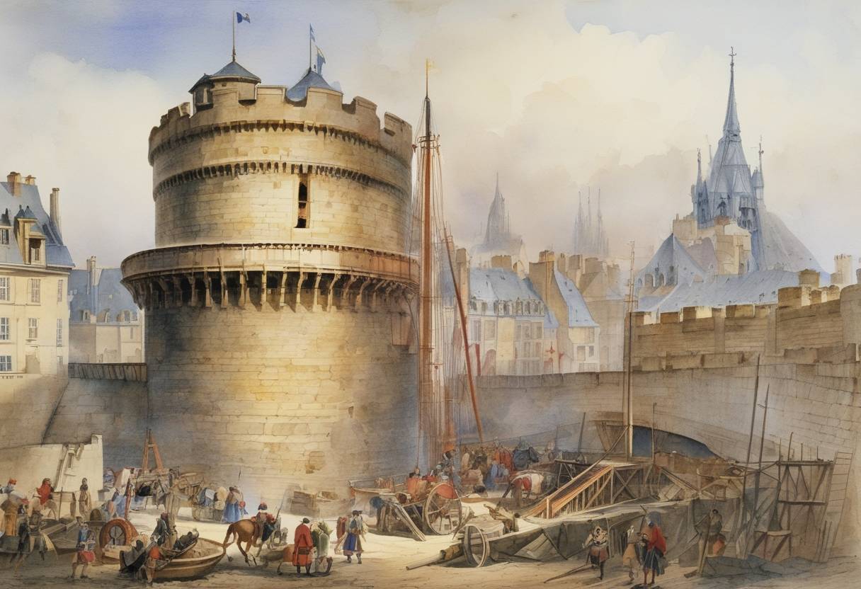 Watercolor painting based depiction of Construction of the Bastille began in Paris, France, ordered by King Charles V of France to defend the eastern approach to the city from the English and to act as a fortress and a piece of royal power. (1370)