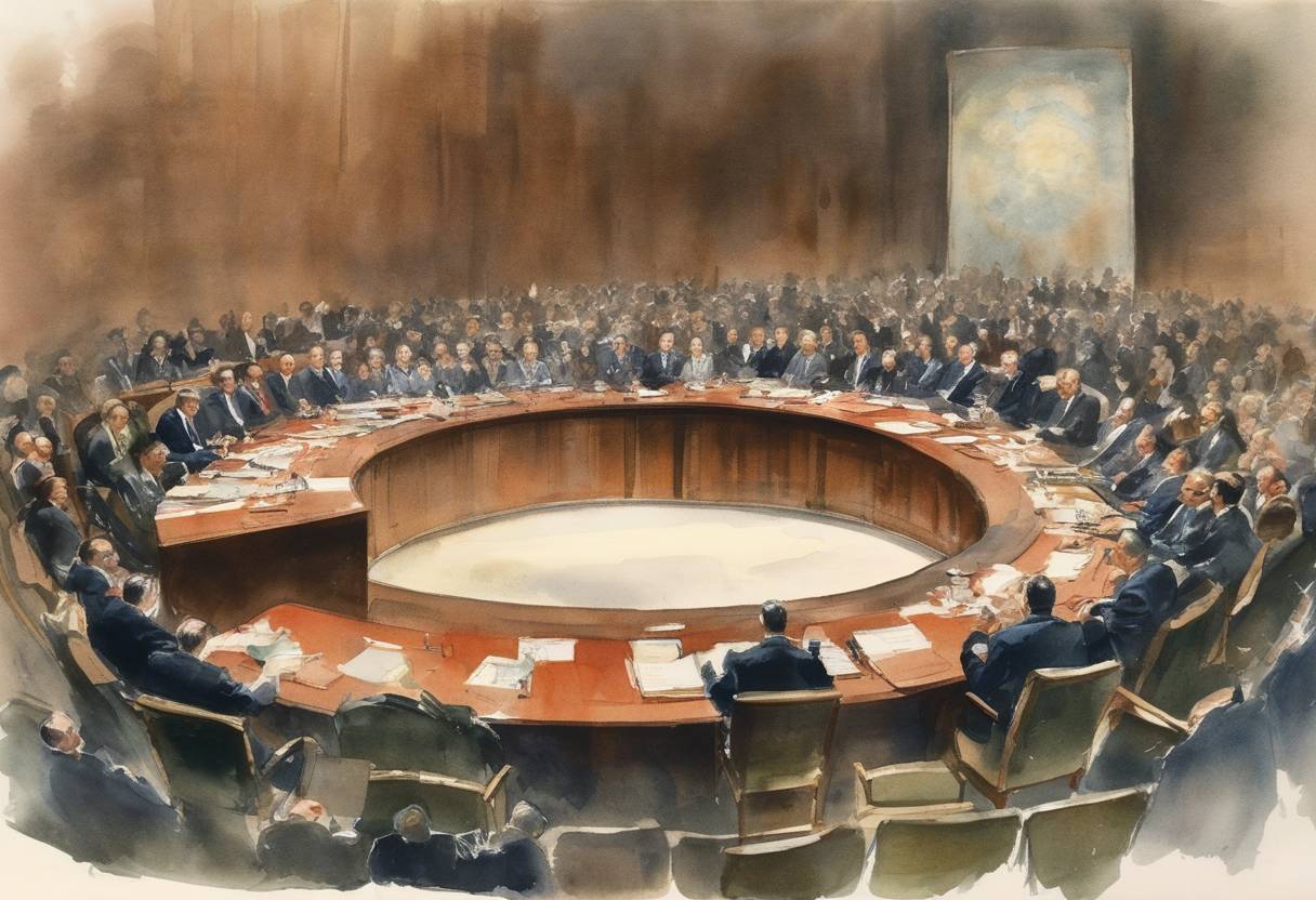 Watercolor painting based depiction of The first meeting of the General Assembly of the United Nations took place, marking the establishment of the UN's central forum for member states to discuss international issues. (1946)