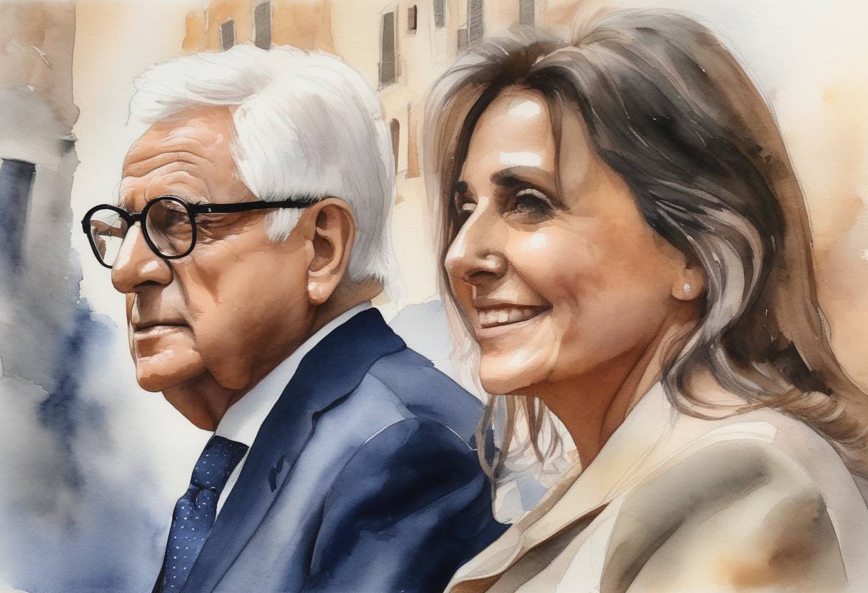 Watercolor painting based depiction of Italian President Sergio Mattarella assigned the task of forming a new government to Giorgia Meloni following her electoral victory, marking the potential for Italy's first female Prime Minister. (2022)