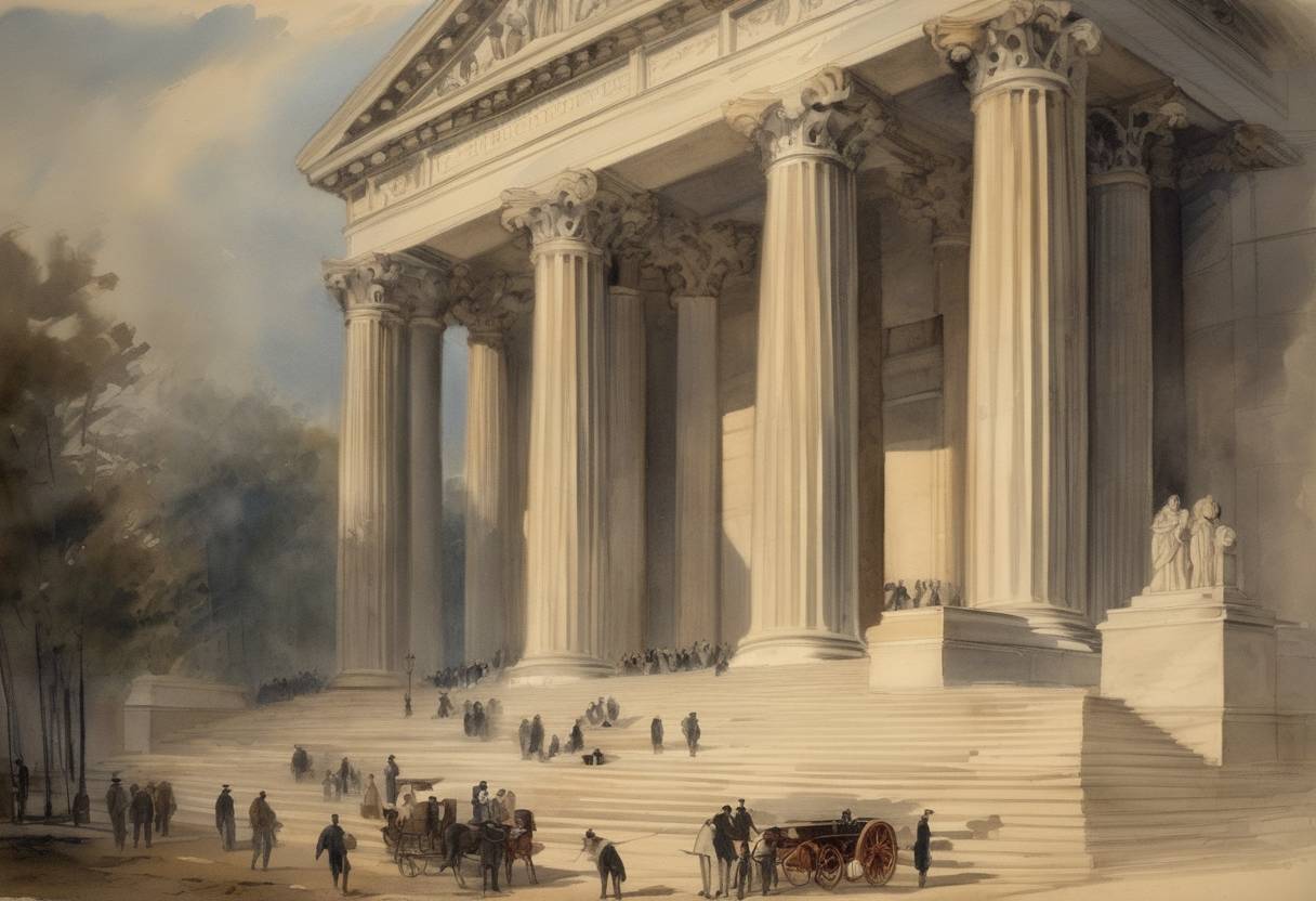 Watercolor painting based depiction of The Supreme Court of the United States struck down the Civil Rights Act of 1875, ruling that the Fourteenth Amendment did not give Congress the power to regulate private acts of discrimination. (1883)