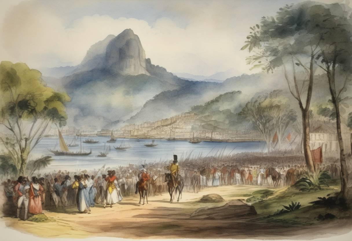 Watercolor painting based depiction of The independence of Brazil was formally recognized by Portugal through the Treaty of Rio de Janeiro. (1822)