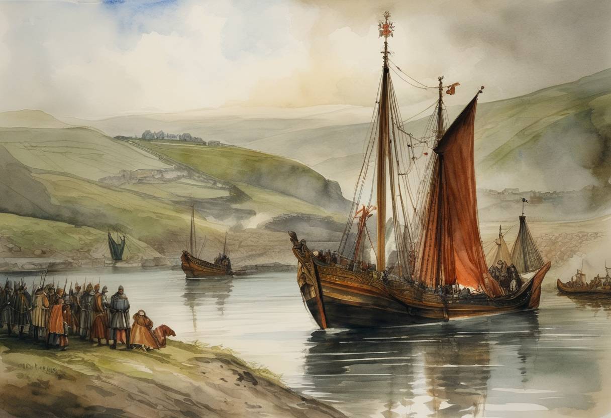 Watercolor painting based depiction of Henry II of England lands in Waterford, marking the beginning of the English presence in Ireland. Henry II's intervention in Ireland was primarily motivated by his desire to exert control over the Anglo-Norman barons and to address the political instability in the region. His expedition laid the groundwork for the further Norman expansion and eventual English rule over Ireland, which would have lasting political and cultural implications. (1171)